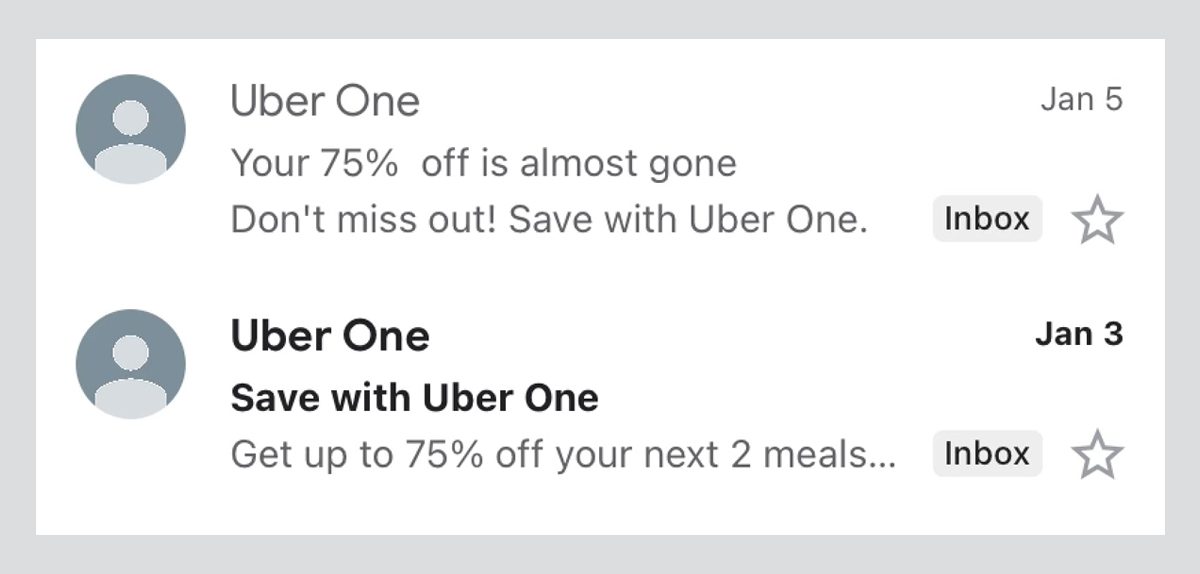 Promotional subject lines from Uber One emails