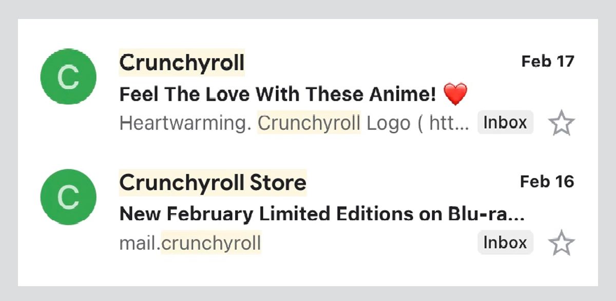 Subject lines from two Crunchyroll emails