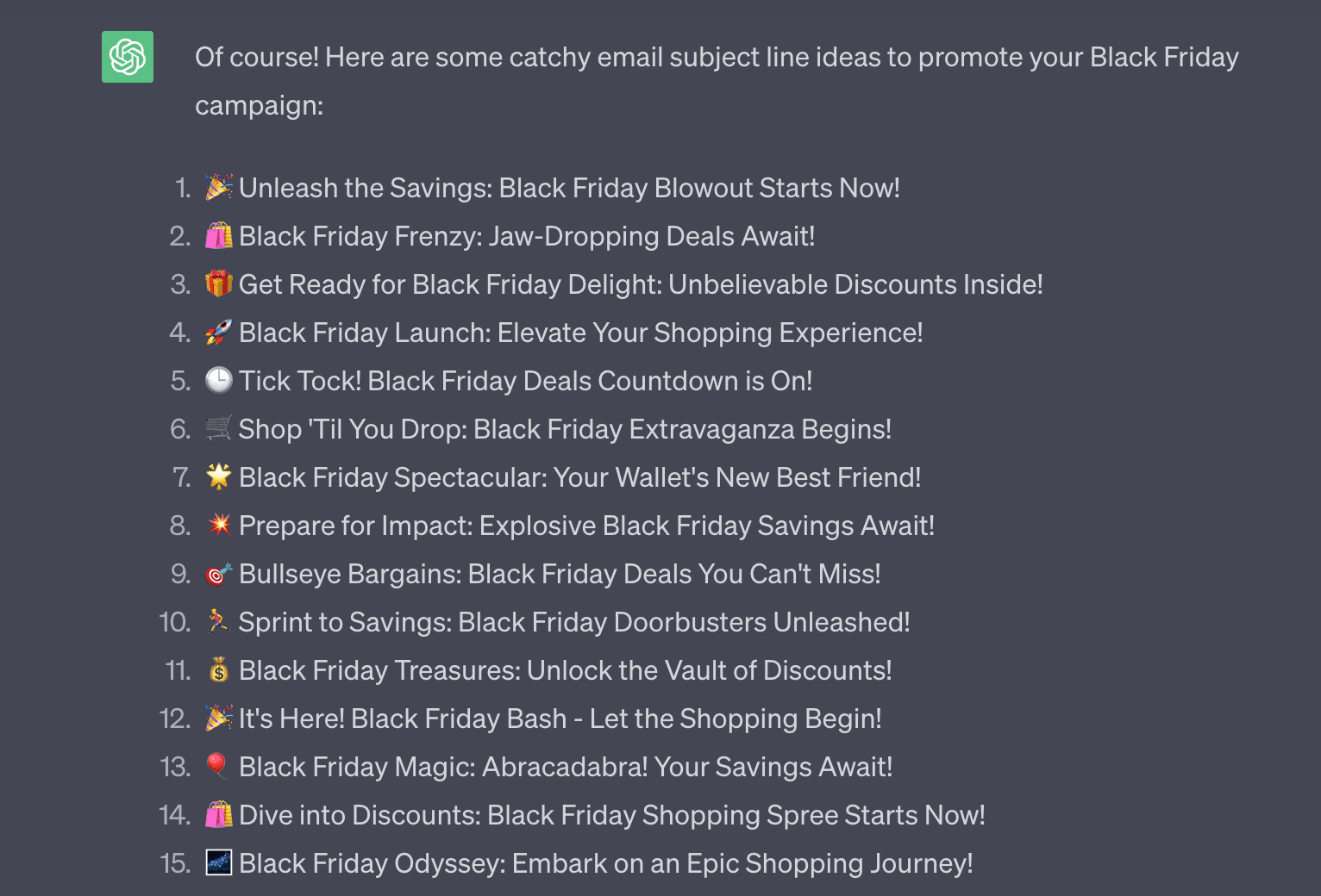 Various Black Friday marketing subject lines suggested by Chat GPT